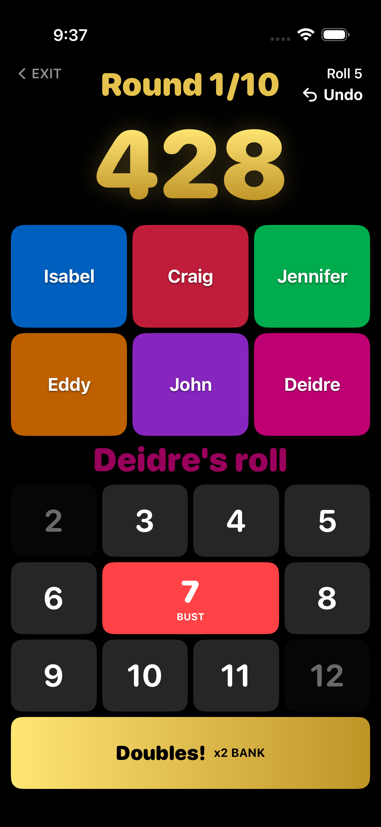 Play screen showing the shared Bank and tap-to-enter dice totals