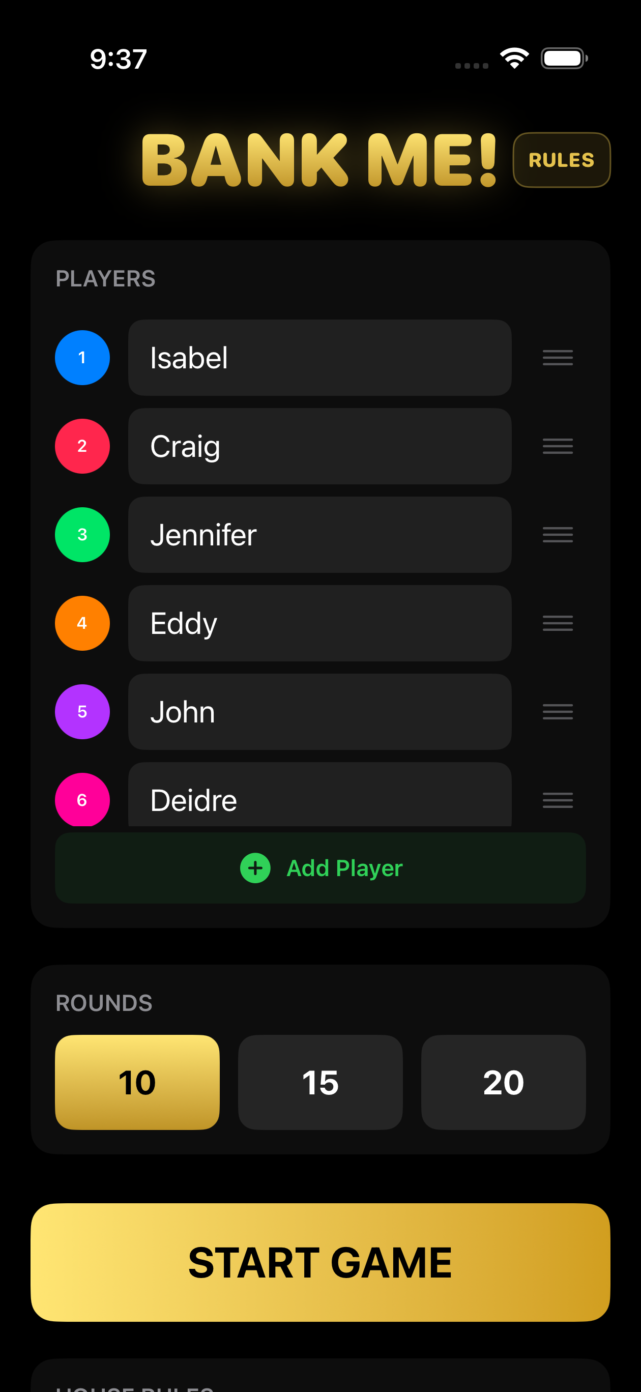 Setup screen with color-coded players